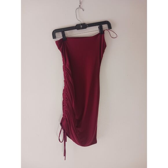 Burgundy Ruched One Shoulder Mini Dress - Picture 4 of 15